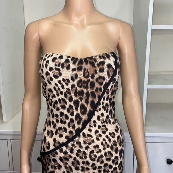 SYMPHONY Leopard Print Strapless Bodycon Sheath Dress Black Trim Mesh Side - Picture 3 of 6